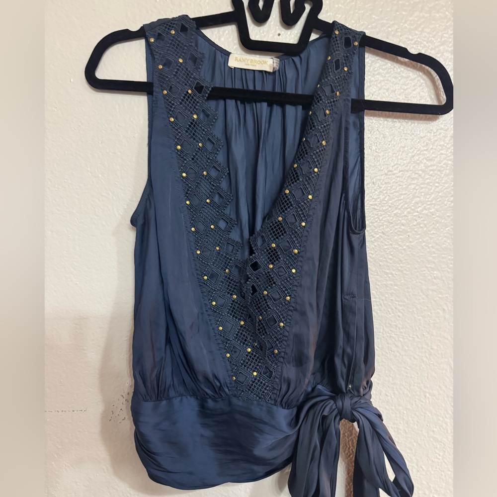 Ramy Brook Navy Sleeveless Blouse with Embellishments